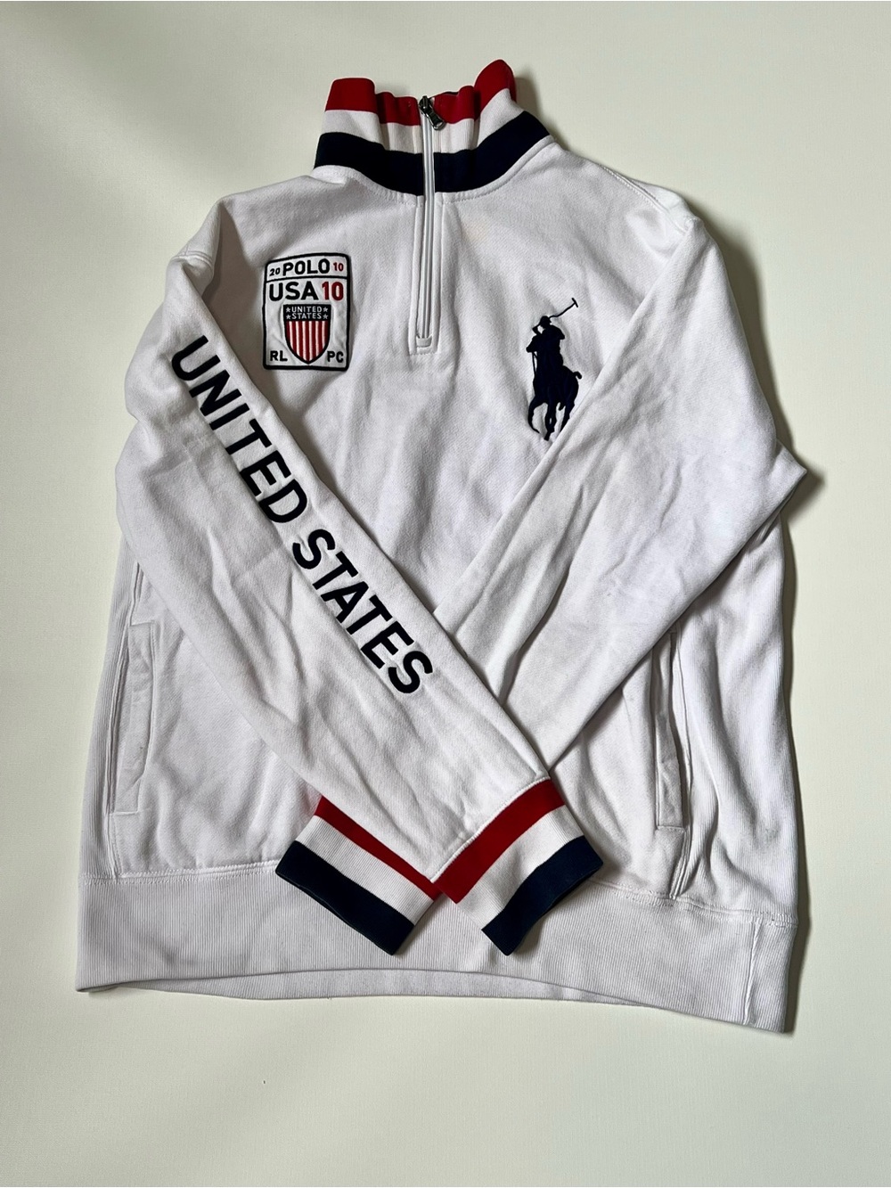 2010 Olympics Team USA POLO Ralph Lauren Spell-out White Quarter-Zip Sweater